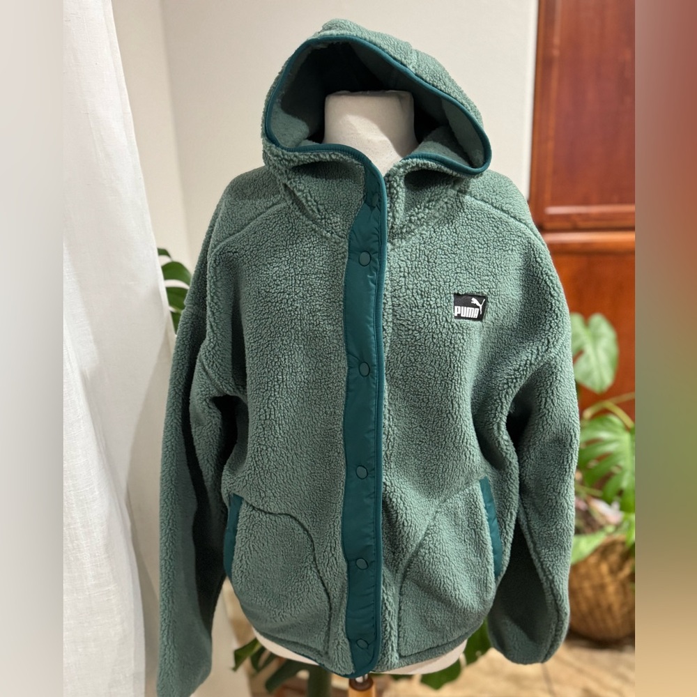 PUMA Sherpa‎ Fleece Snap Front Hooded Jacket Teal Green Women’s M